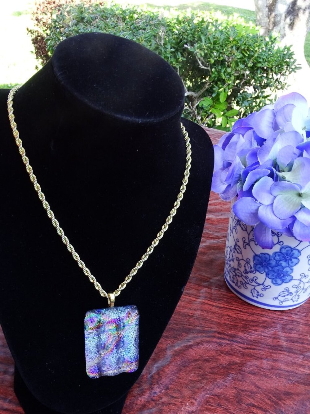 Glass Pendant Signed Necklace 17" Purple/Pink